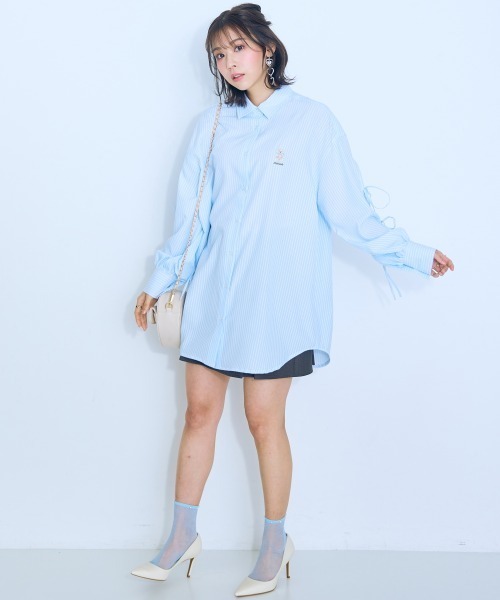 大きいサイズ＞くまちゃん刺しゅうスリットリボンロングシャツ