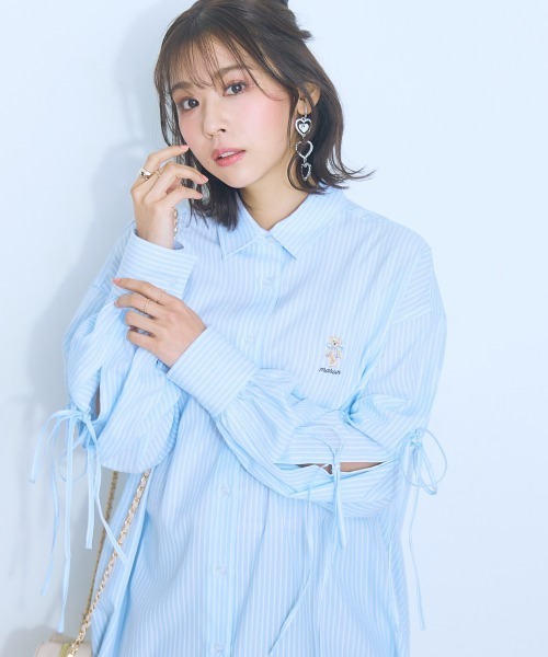 marun くまちゃん刺しゅうスリットリボンロングシャツ ピンク 5L 大きいサイズ＞くまちゃん刺しゅうスリットリボンロングシャツ