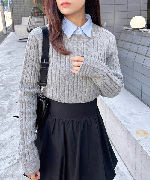 INGNI（イング）の「シャツ襟付ケーブルニット（ニット/セーター・レディース・グレー系4/ホワイト×ブルー/ネイビー系8・M）」の2枚目の写真