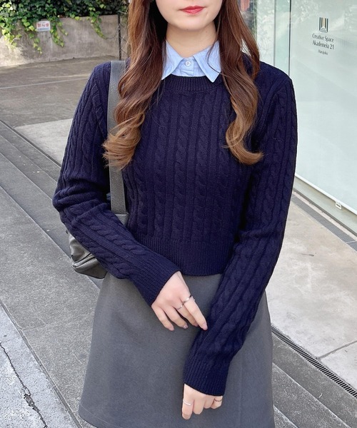 INGNI（イング）の「シャツ襟付ケーブルニット（ニット/セーター・レディース・グレー系4/ホワイト×ブルー/ネイビー系8・M）」の12枚目の写真