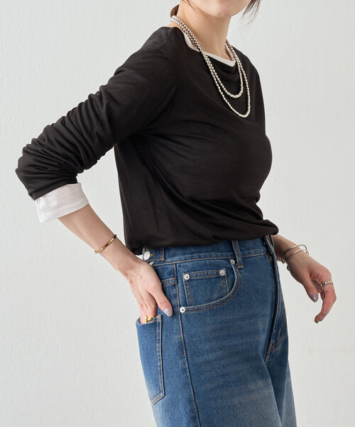 SHENERY（シーナリー）の「《新色登場！/程よいシアー感》レーヨン混シアープルオーバー（Tシャツ/カットソー・レディース・ライトグレー/イエロー/オフホワイト/グレイッシュベージュ/ブラック・FREE）」の2枚目の写真