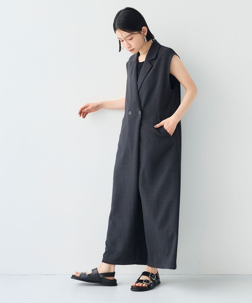 CROSS FUNCTION（クロスファンクション）の「《シワになりにくい》サマナチュラ リネンライクテーラードジャンプスーツ【CF/クロスファンクション】（つなぎ/オールインワン・レディース・ライトベージュ/チャコールグレー・M/L）」の7枚目の写真