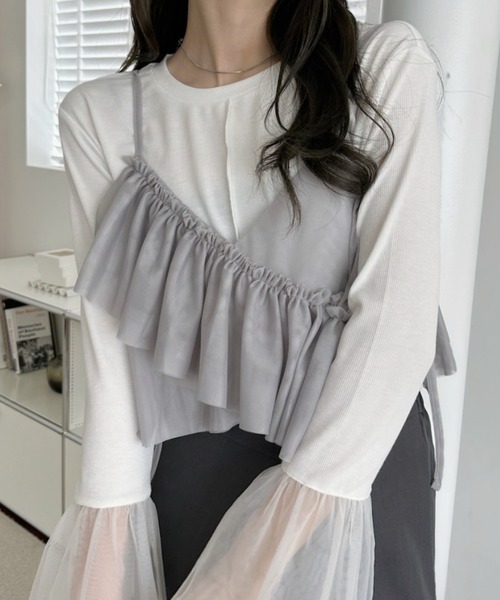 Ada.（エイダ）の「アシンメトリー フリル リボン デザイン シアー ビスチェ（キャミソール・レディース・ブラック/アイボリー/ブルー/グレー・FREE）」の3枚目の写真