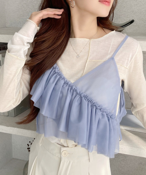 Ada.（エイダ）の「アシンメトリー フリル リボン デザイン シアー ビスチェ（キャミソール・レディース・ブラック/アイボリー/ブルー/グレー・FREE）」の4枚目の写真