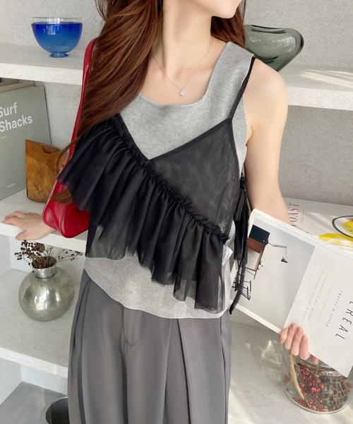 Ada.（エイダ）の「アシンメトリー フリル リボン デザイン シアー ビスチェ（キャミソール・レディース・ブラック/アイボリー/ブルー/グレー・FREE）」の6枚目の写真