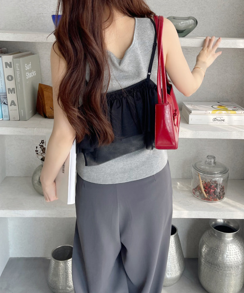 Ada.（エイダ）の「アシンメトリー フリル リボン デザイン シアー ビスチェ（キャミソール・レディース・ブラック/アイボリー/ブルー/グレー・FREE）」の16枚目の写真