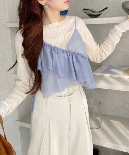 Ada.（エイダ）の「アシンメトリー フリル リボン デザイン シアー ビスチェ（キャミソール・レディース・ブラック/アイボリー/ブルー/グレー・FREE）」の7枚目の写真