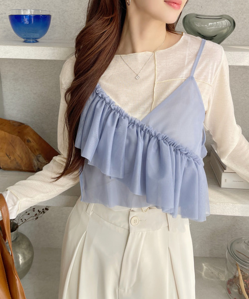 Ada.（エイダ）の「アシンメトリー フリル リボン デザイン シアー ビスチェ（キャミソール・レディース・ブラック/アイボリー/ブルー/グレー・FREE）」の8枚目の写真