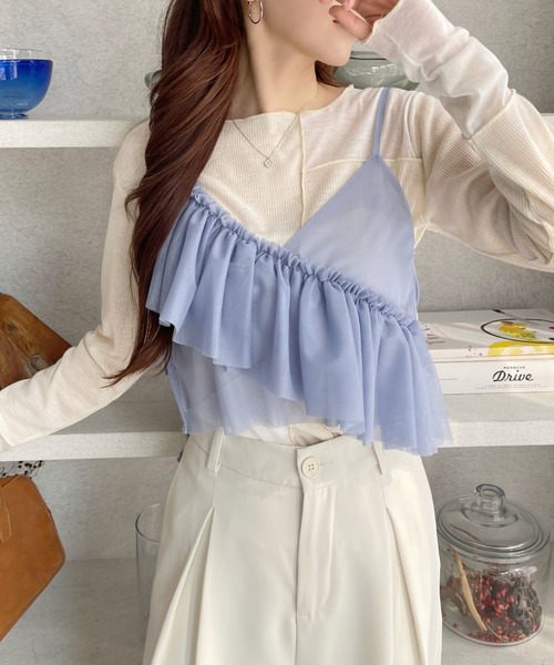 Ada.（エイダ）の「アシンメトリー フリル リボン デザイン シアー ビスチェ（キャミソール・レディース・ブラック/アイボリー/ブルー/グレー・FREE）」の11枚目の写真