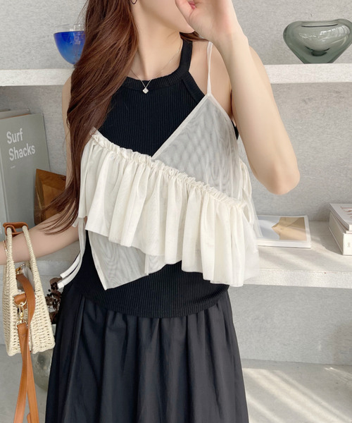 Ada.（エイダ）の「アシンメトリー フリル リボン デザイン シアー ビスチェ（キャミソール・レディース・ブラック/アイボリー/ブルー/グレー・FREE）」の9枚目の写真