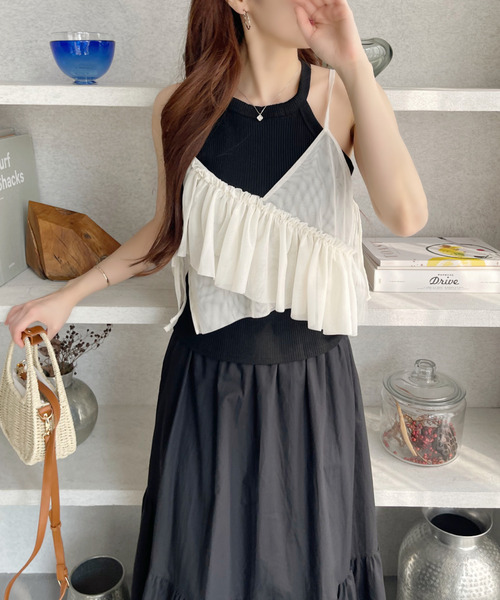 Ada.（エイダ）の「アシンメトリー フリル リボン デザイン シアー ビスチェ（キャミソール・レディース・ブラック/アイボリー/ブルー/グレー・FREE）」の18枚目の写真