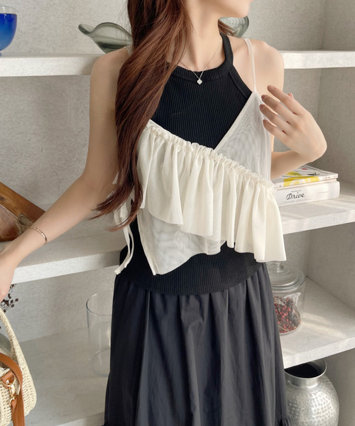 Ada.（エイダ）の「アシンメトリー フリル リボン デザイン シアー ビスチェ（キャミソール・レディース・ブラック/アイボリー/ブルー/グレー・FREE）」の19枚目の写真