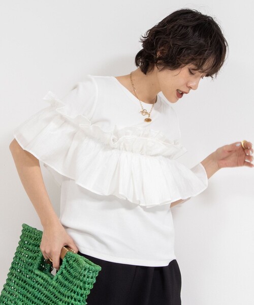 tシャツ フリル付き3WAYストレッチリブカットソー レディース Rie Miller tシャツ フリル付き3WAYストレッチリブカットソー