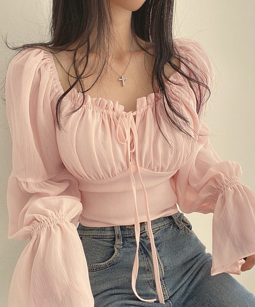 CERCA（チェルカ）の「Nia(ニア)/シースルーボリュームフリルブラウス（シャツ/ブラウス・レディース・ピンク/ホワイト・LARGE/SMALL/MEDIUM）」の9枚目の写真