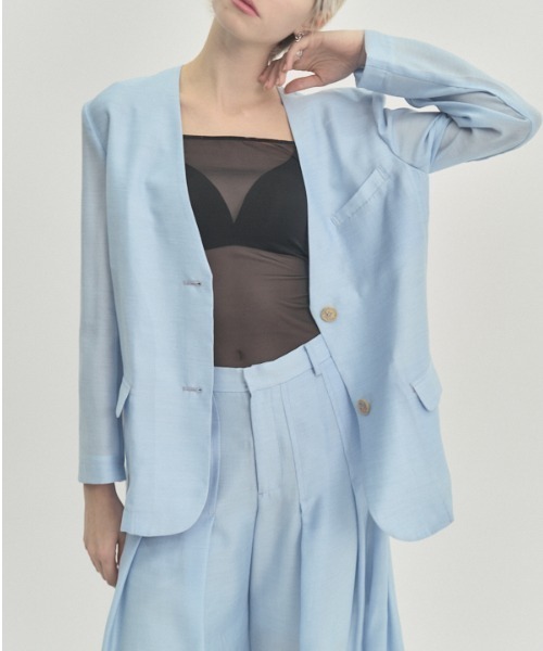 Muel Chic(ミュエルシック)の「Tung sheer jacket タングシアージャケット(テーラードジャケット・レディース・ブラック/ライトブルー/ラベンダー/オフホワイト・FREE)」の14枚目の写真