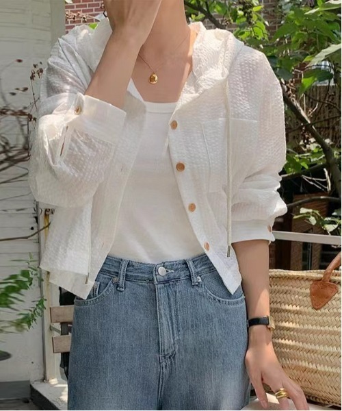 Per sist ence(パーシエンス)の「シアーストライプフード付きシャツ(シャツ/ブラウス・レディース・ブルー/ホワイト・LARGE/MEDIUM)」の4枚目の写真