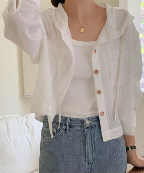 Per sist ence(パーシエンス)の「シアーストライプフード付きシャツ(シャツ/ブラウス・レディース・ブルー/ホワイト・LARGE/MEDIUM)」の5枚目の写真