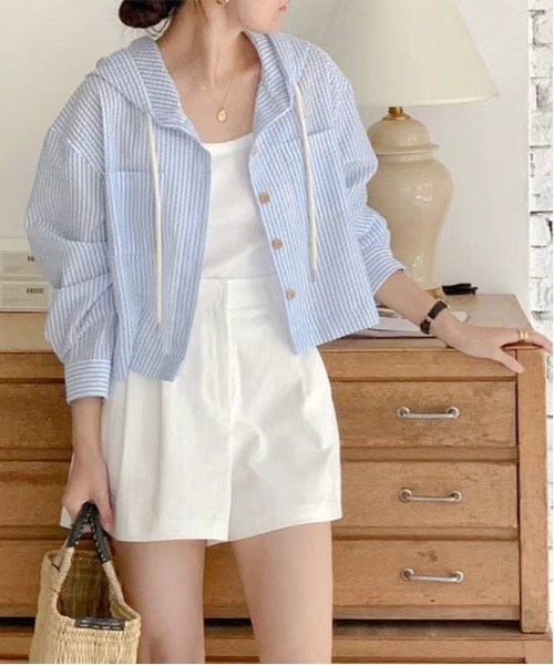Per sist ence(パーシエンス)の「シアーストライプフード付きシャツ(シャツ/ブラウス・レディース・ブルー/ホワイト・LARGE/MEDIUM)」の9枚目の写真