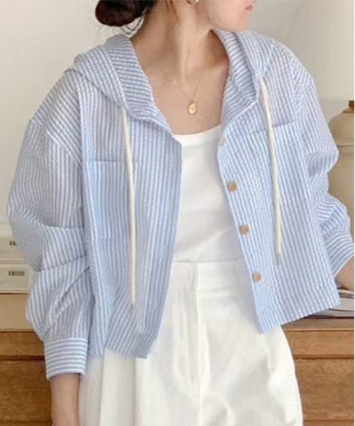 Per sist ence(パーシエンス)の「シアーストライプフード付きシャツ(シャツ/ブラウス・レディース・ブルー/ホワイト・LARGE/MEDIUM)」の11枚目の写真