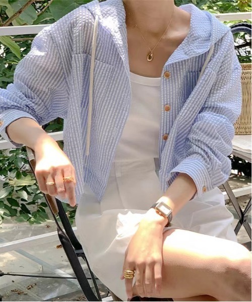 Per sist ence(パーシエンス)の「シアーストライプフード付きシャツ(シャツ/ブラウス・レディース・ブルー/ホワイト・LARGE/MEDIUM)」の12枚目の写真