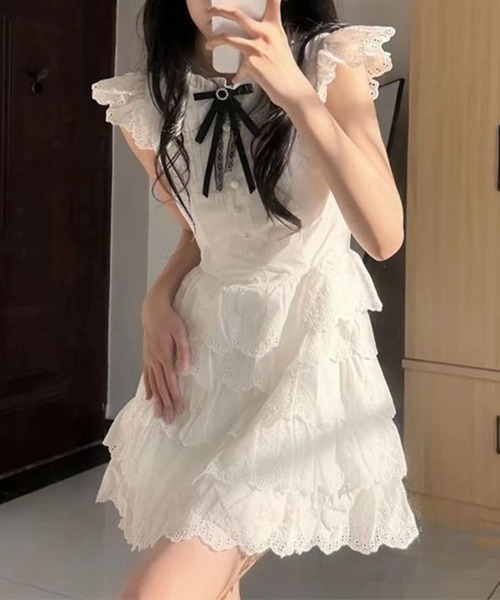 レースフレンチ袖ティアードミニワンピース（ワンピース