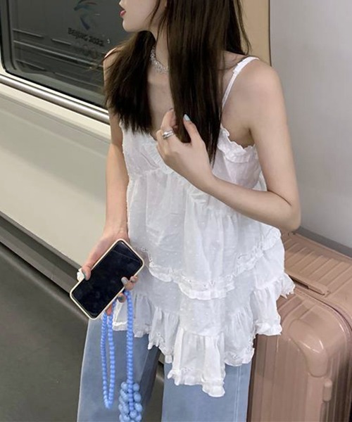 WESTSEA(ウエストシー)の「フリルティアード × 無地カットドビー ドット柄 チュニック キャミソール(キャミソール・レディース・ホワイト/ブラック・M/L)」の4枚目の写真