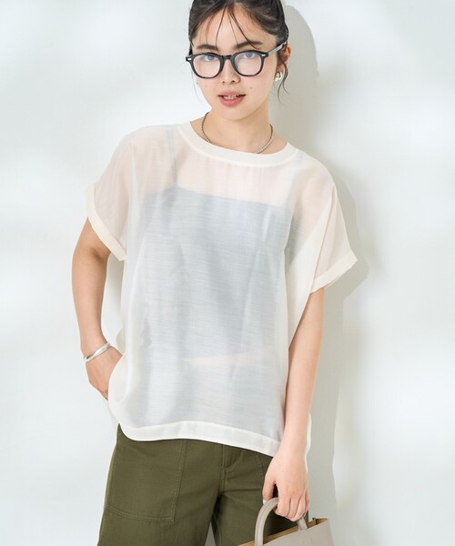 FREAK'S STORE(フリークスストア)の「フレンチスリーブ シアーTシャツ ブラウス/シアーブラウス(Tシャツ/カットソー・レディース・ピンク/ブラック/オフホワイト・フリ-)」の6枚目の写真