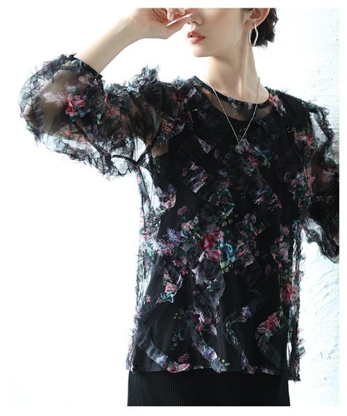 Sawa a la mode(サワアラモード)の「花柄シアーフリルプルオーバー(シャツ/ブラウス・レディース・ブラック/ピンク・FREE)」の10枚目の写真