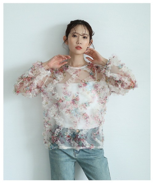Sawa a la mode(サワアラモード)の「花柄シアーフリルプルオーバー(シャツ/ブラウス・レディース・ブラック/ピンク・FREE)」の14枚目の写真