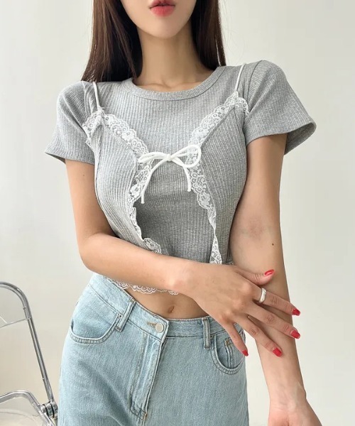 LAC-VERT(ラック・ヴェール)の「半袖リブキャミセット(Tシャツ/カットソー・レディース・グレー/オフホワイト/ブラック・FREE)」の7枚目の写真