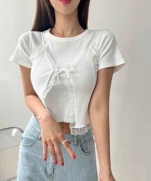 LAC-VERT(ラック・ヴェール)の「半袖リブキャミセット(Tシャツ/カットソー・レディース・グレー/オフホワイト/ブラック・FREE)」の17枚目の写真