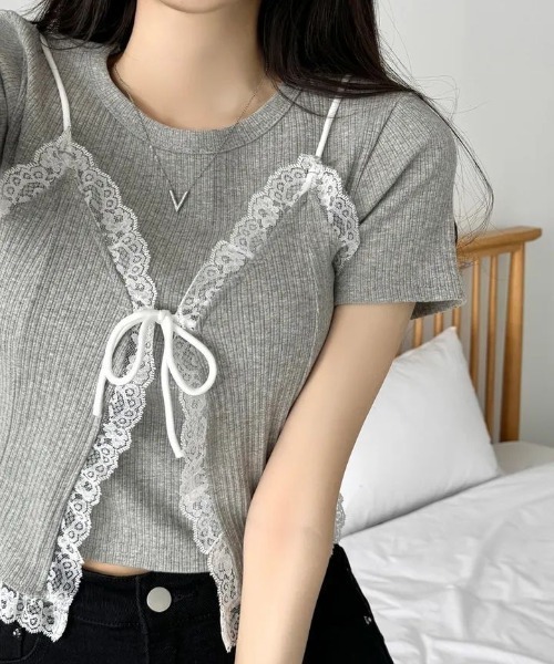 LAC-VERT(ラック・ヴェール)の「半袖リブキャミセット(Tシャツ/カットソー・レディース・グレー/オフホワイト/ブラック・FREE)」の12枚目の写真