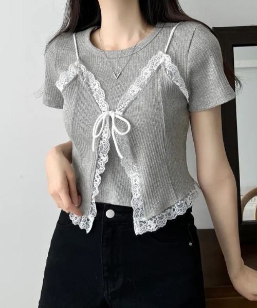 LAC-VERT(ラック・ヴェール)の「半袖リブキャミセット(Tシャツ/カットソー・レディース・グレー/オフホワイト/ブラック・FREE)」の13枚目の写真