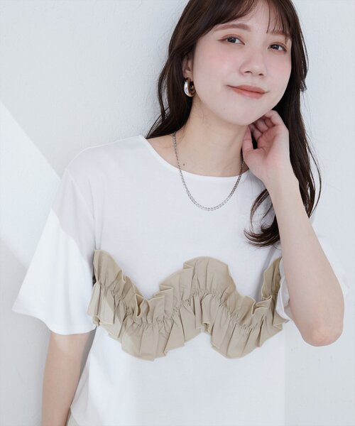 natural couture（ナチュラルクチュール）の「【WEB限定】ボリュームフリル半袖Tシャツ（Tシャツ/カットソー・レディース・ネイビー/ベージュ/オフホワイト/ブラック・FREE）」の5枚目の写真