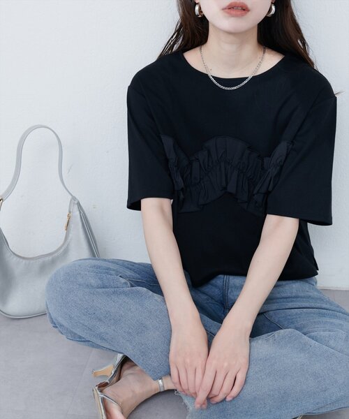 natural couture（ナチュラルクチュール）の「【WEB限定】ボリュームフリル半袖Tシャツ（Tシャツ/カットソー・レディース・ネイビー/ベージュ/オフホワイト/ブラック・FREE）」の11枚目の写真