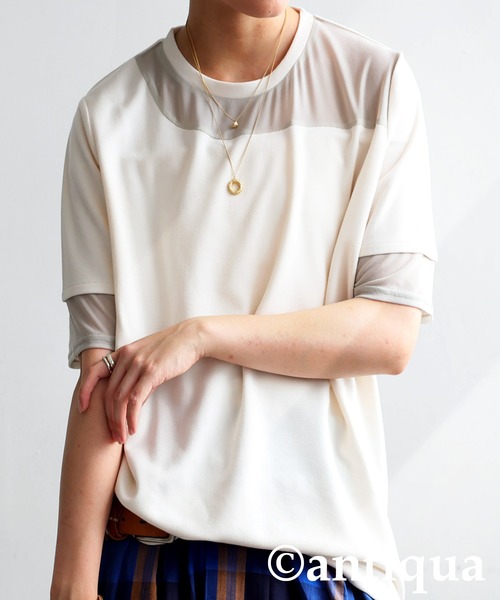 antiqua(アンティカ)の「シアー切替半袖トップス(Tシャツ/カットソー・レディース・ブラック/グレー系その他/ブラック系その他/ホワイト/ホワイト系その他・P/R)」の2枚目の写真
