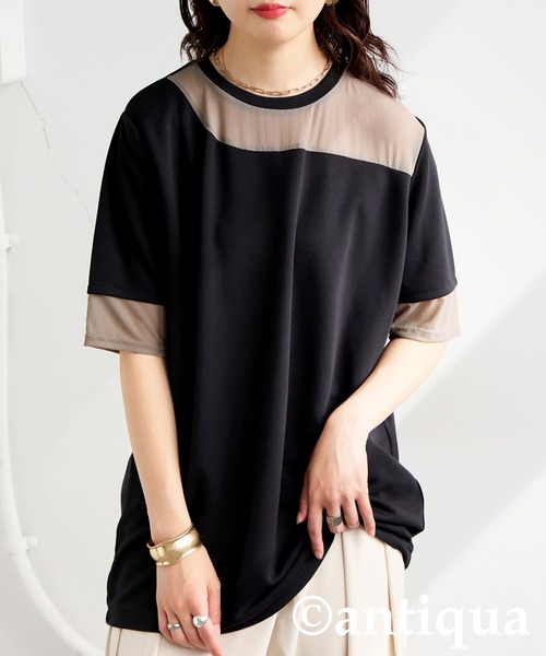 antiqua(アンティカ)の「シアー切替半袖トップス(Tシャツ/カットソー・レディース・ブラック/グレー系その他/ブラック系その他/ホワイト/ホワイト系その他・P/R)」の4枚目の写真
