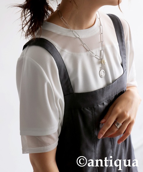 antiqua(アンティカ)の「シアー切替半袖トップス(Tシャツ/カットソー・レディース・ブラック/グレー系その他/ブラック系その他/ホワイト/ホワイト系その他・P/R)」の12枚目の写真