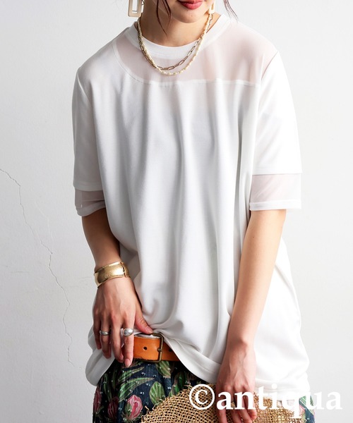 antiqua(アンティカ)の「シアー切替半袖トップス(Tシャツ/カットソー・レディース・ブラック/グレー系その他/ブラック系その他/ホワイト/ホワイト系その他・P/R)」の16枚目の写真