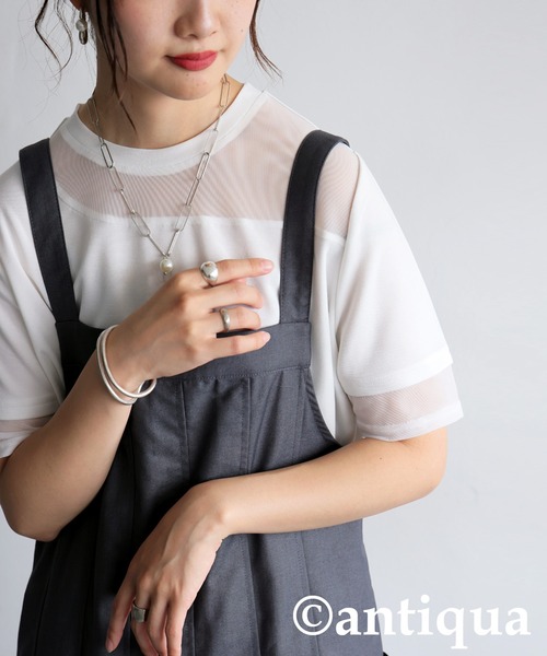 antiqua(アンティカ)の「シアー切替半袖トップス(Tシャツ/カットソー・レディース・ブラック/グレー系その他/ブラック系その他/ホワイト/ホワイト系その他・P/R)」の14枚目の写真