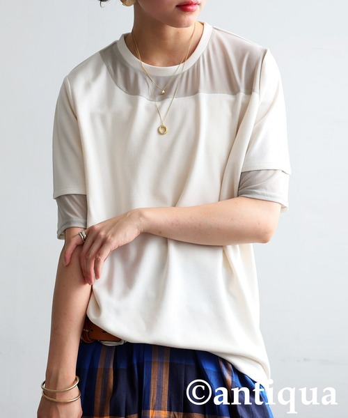 シアー切替半袖トップス（Tシャツ/カットソー）｜antiqua