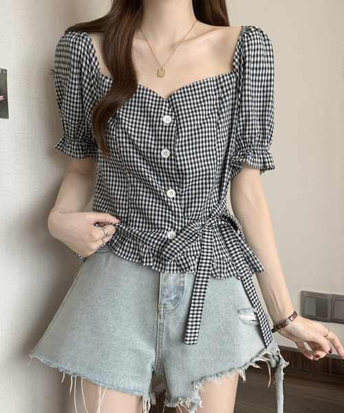 Lace Ladies(レースレディース)の「フロントボタン リボン 裾フリル パフスリーブ ブラウス(シャツ/ブラウス・レディース・ブラック/ブルー/アイボリー・M/S)」の5枚目の写真