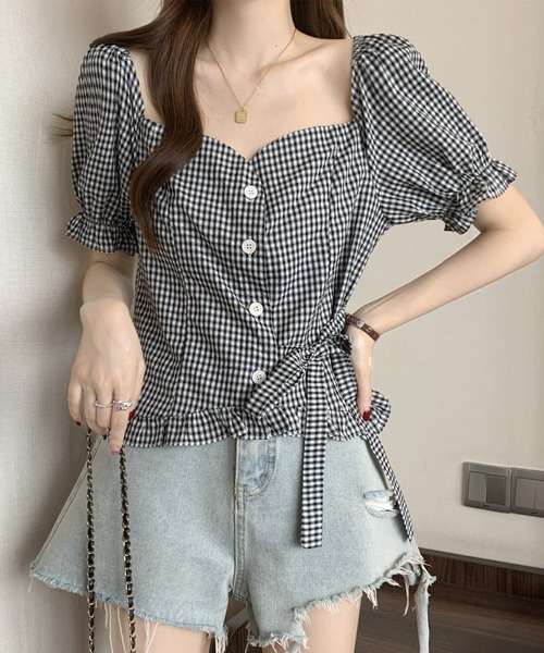 Lace Ladies(レースレディース)の「フロントボタン リボン 裾フリル パフスリーブ ブラウス(シャツ/ブラウス・レディース・ブラック/ブルー/アイボリー・M/S)」の6枚目の写真