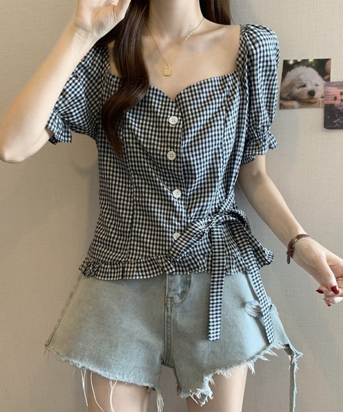 Lace Ladies(レースレディース)の「フロントボタン リボン 裾フリル パフスリーブ ブラウス(シャツ/ブラウス・レディース・ブラック/ブルー/アイボリー・M/S)」の8枚目の写真