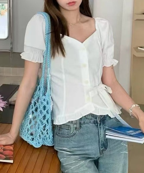 Lace Ladies(レースレディース)の「フロントボタン リボン 裾フリル パフスリーブ ブラウス(シャツ/ブラウス・レディース・ブラック/ブルー/アイボリー・M/S)」の10枚目の写真
