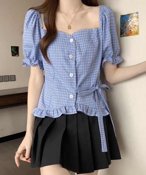 Lace Ladies(レースレディース)の「フロントボタン リボン 裾フリル パフスリーブ ブラウス(シャツ/ブラウス・レディース・ブラック/ブルー/アイボリー・M/S)」の15枚目の写真