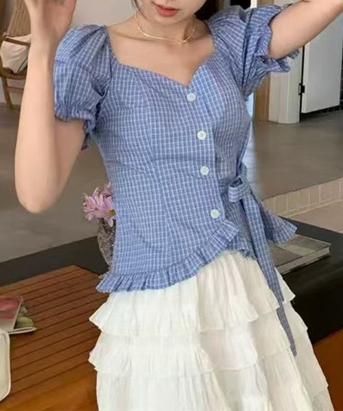 Lace Ladies(レースレディース)の「フロントボタン リボン 裾フリル パフスリーブ ブラウス(シャツ/ブラウス・レディース・ブラック/ブルー/アイボリー・M/S)」の17枚目の写真