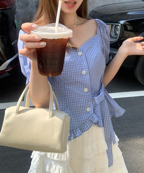 Lace Ladies(レースレディース)の「フロントボタン リボン 裾フリル パフスリーブ ブラウス(シャツ/ブラウス・レディース・ブラック/ブルー/アイボリー・M/S)」の18枚目の写真