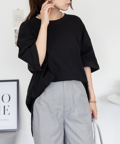 RCD(アールシーディー)の「コットンワッフルロールアップハーフスリーブカットソー(Tシャツ/カットソー・レディース・ブラック/パープル/ネイビー/チャコールグレー/杢グレー/ホワイト・LL~3L/M-L/4L~5L)」の3枚目の写真