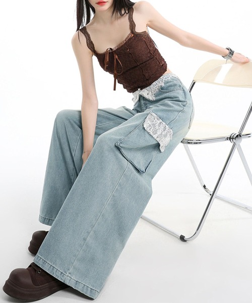 セール ウエストレースアウトポケットデニムワイドパンツ デニムパンツ GLAMOROUS JANE グラマラスジェーン のファッション通販